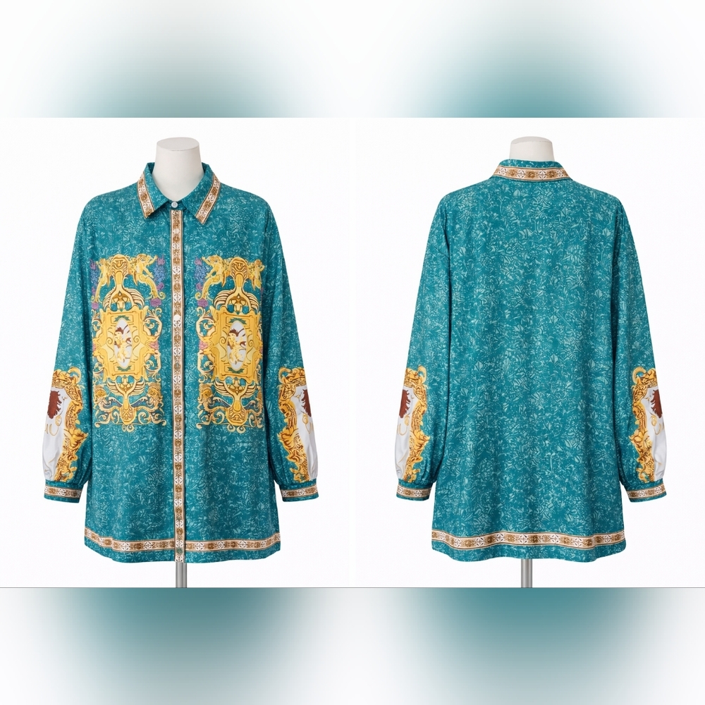 Turquoise Baroque Print Button-Up Shirt/Dress